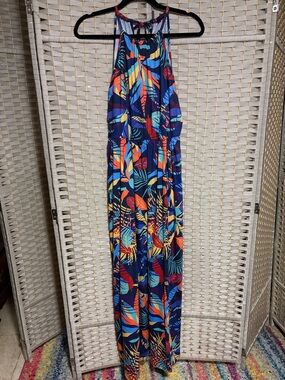 Amazon Tropical Halter Maxi Dress with Slit - Blue, Orange, Yellow, Red